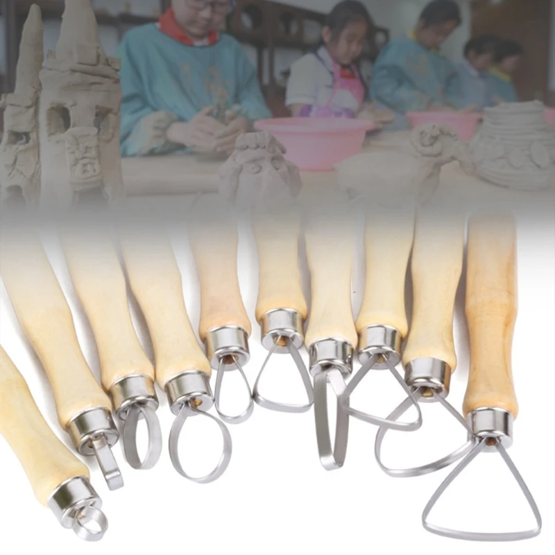 10Pcs DIY Art Craft Pottery Clay Sculpting Tools Ceramic Carving Set Sculpture Polymer Shapers Wooden Handle Big Loop E8BD