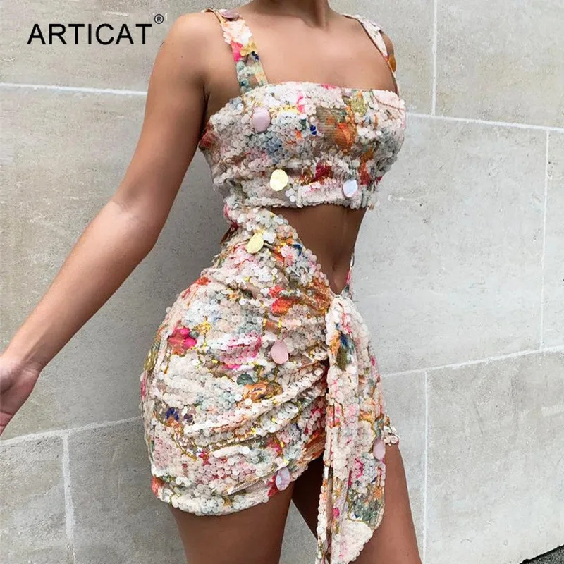 

Articat Glitter Sequins Party Two Pieces Set Women Tank Tops Draped Drop Skirt Matching Sets club Ladies Outfits 2 Pieces Set