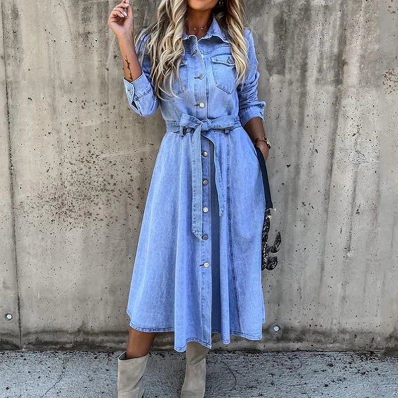 Women Casual Button Jean Long Dress 