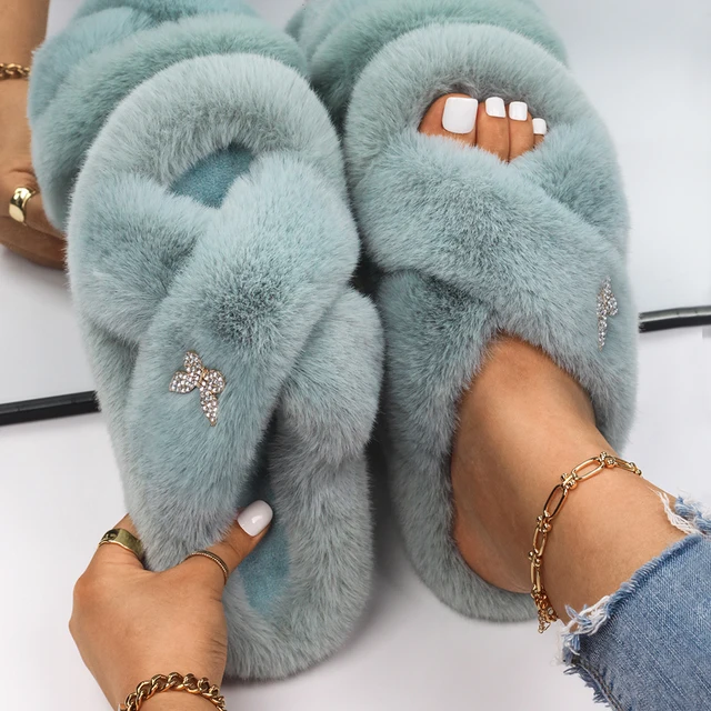 Fluffy Slippers Women Crystal Flower Decor Furry Sandals Elegant Ladies Home Flip Flops Faux Fur Slides Luxury Designer Shoes Blue8