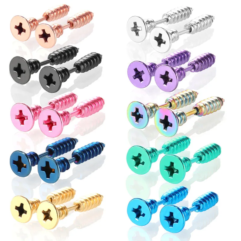 New Unisex Punk Rock Stainless Steel Nail Screw Piercing Stud Earrings