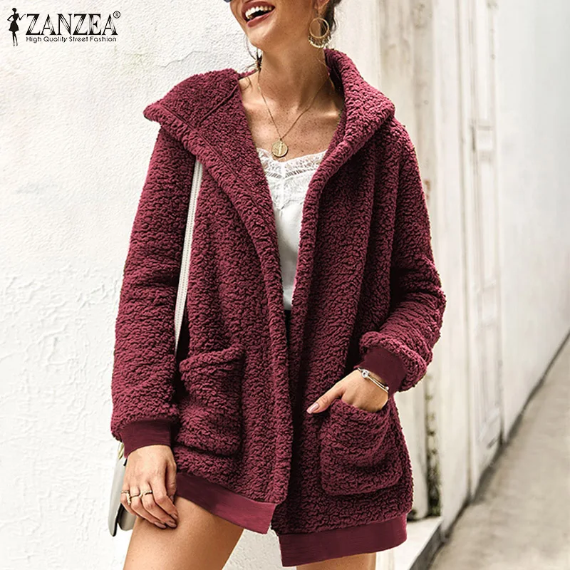 Зимнее женское пальто из искусственного меха с длинным рукавом, одноцветные пальто, куртки, верхняя одежда, ZANZEA, Женская Повседневная теплая верхняя одежда с капюшоном, кардиган плюс