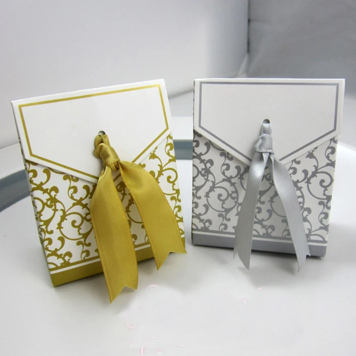 

Wholesale 500 Pcs Gorgeous Silver Gold with Ribbon Wedding favors Personality and Creative Favor Gift Boxes Free Shipping