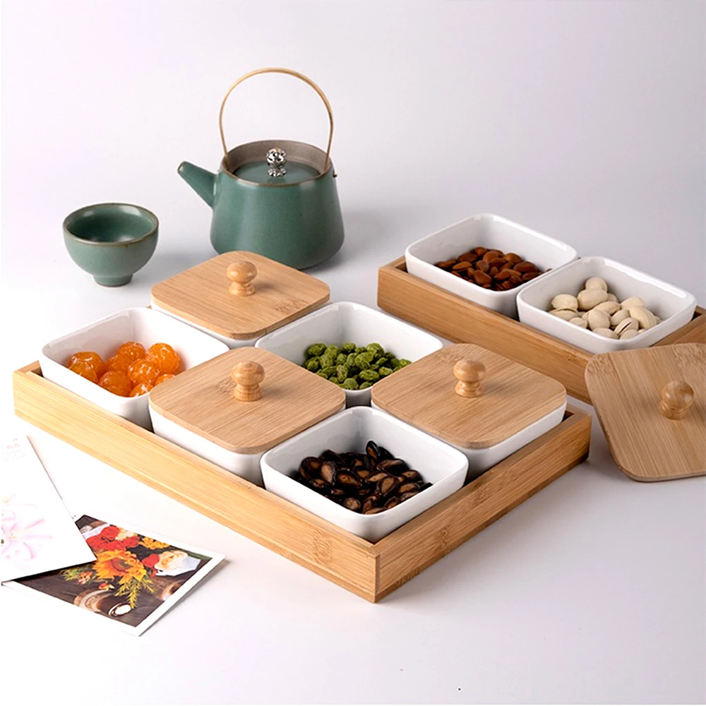Japan Style Kitchen Organizer Ceramic Bowls Food Storage Containers with Bamboo Lid and Pallets Snack Serving