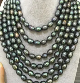 

Fashion jewelry Free Shipping 12-13 mm natural freshwater black green pearl necklace 60 inch 925silver yellow gold
