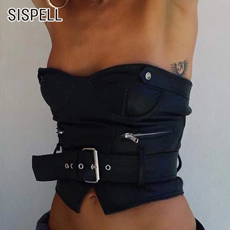 SISPELL Black PU Leather Women's T Shirts Slash Neck Off Shoulder Sashes Autumn Streetwear Style T-shirt Female Fashion New