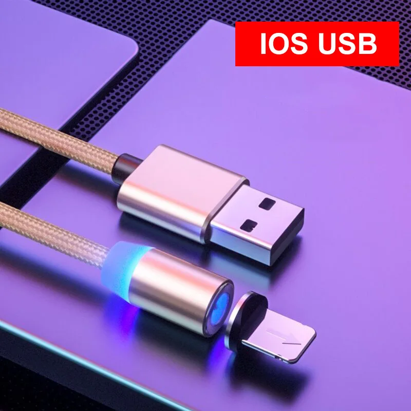 ONEVAN usb-кабель для зарядки Магнитный штекер зарядного устройства 2.4A type-C Micro usb-кабель светодиодный нейлоновая строка данных для Android, Apple Xiaomi iPhone - Цвет: Gold For IOS