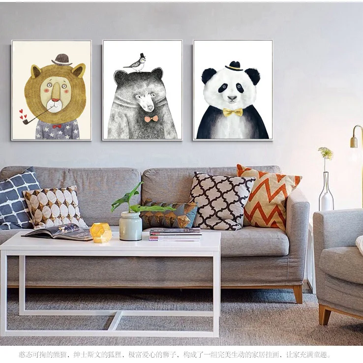 Скандинавские очаровательные картины на холсте с изображением Льва, животного, медведя, панды, Художественная печать, плакат, картина, Современный домашний декор, декор для детской спальни
