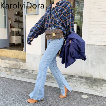 

2020 spring fashion women's high waist denim jeans straight jeans side split jeans retro female long capri pants