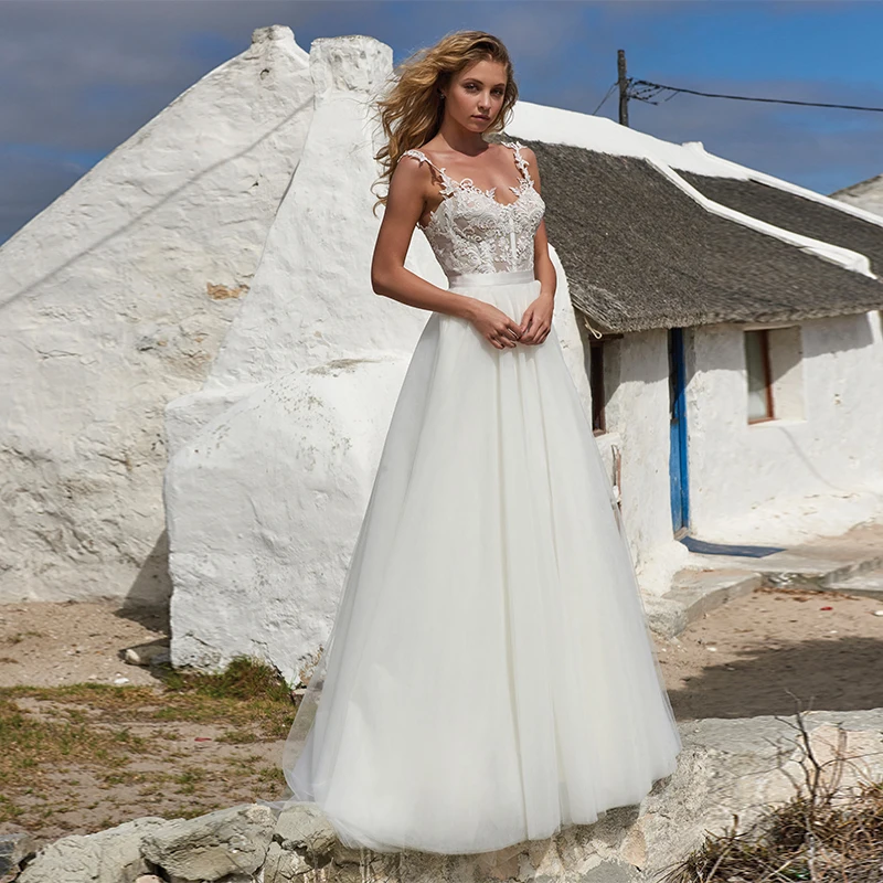 

Thinyfull Lace Tulle Boho Wedding Dresses Appliques Spaghetti Straps A-Line Country Robe Bridal Gowns Princess Mariage Dress