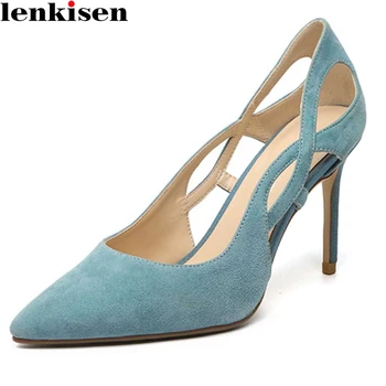 

Lenkisen simple style gladiator hollow sheep suede pointed toe thin high heels lace on beauty lady high street fashion pumps L13