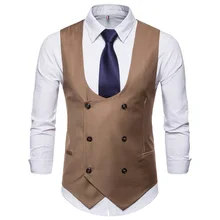 Autumn And Winter New Style U-collar Solid Color Men Casual Double Breasted Slant-cut Bottom Fashion Waistcoat Fashion