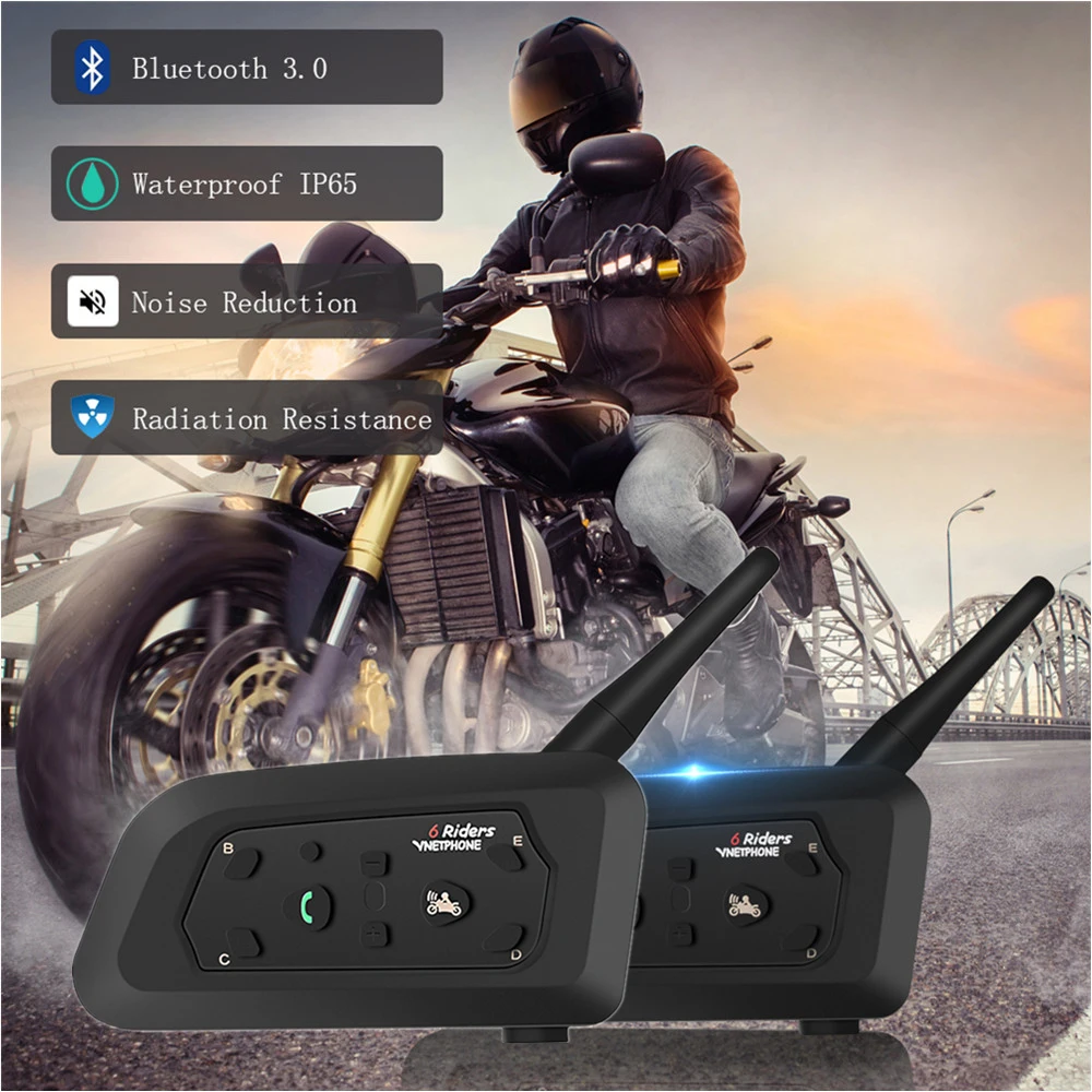 V6 беспроводная гарнитура для шлема 2 шт. 1200 м Bluetooth 6 всадников водонепроницаемая