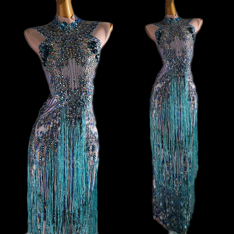 Jazz Costume Sparkly Blue Fringes Long Dress Singer DJ DS Performance