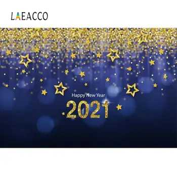 

Laeaco Happy New Year Of 2021 Gold Star Blue Polka Dot Light Bokeh Party Celebration Kid Banner Photo Background Photo Backdrop