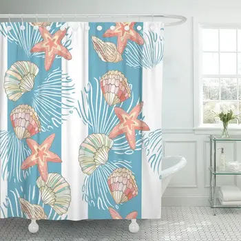 

Blue Coral Stars and Shells Endless Stripes Colorful Fish Shower Curtain Waterproof Fabric 72 x 72 Inches Set with Hooks