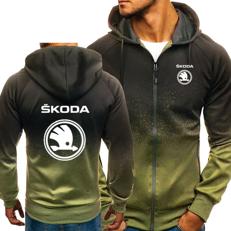 

Jacket Men Skoda Car Logo Print Casual HipHop Harajuku Gradient color Hooded Mens Fleece Sweatshirts zipper Hoodies Man Clothing