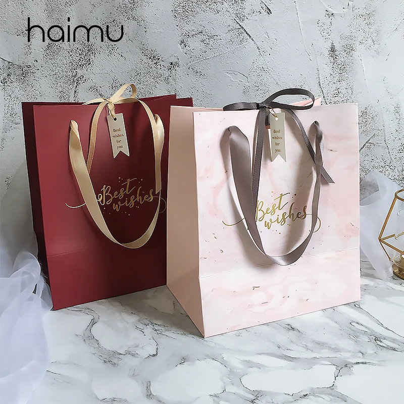

2pcs Pink Burgundy Portable Paper Bag Wedding Favor Valentine's Day Party Bridesmaid Gifts Candy Bags Decoration Tote Bags