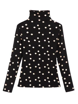 

COIGARSAM 3XL Plus Size Full Sleeve blouse women New Print Polka Dot Mesh Turtleneck blusas womens tops and blouses Black 1339