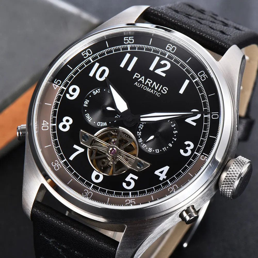 

Parnis 48mm Black Dial Mens Automatic Watch Leather Strap Calendar Week Display Skeleton Tourbillon Mechanical Wristwatch Men