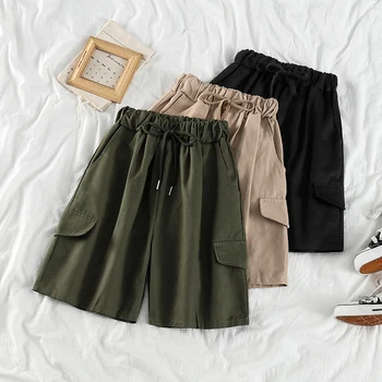 

Safari Style Women Short Pants 2020 Summer Loose Streetwear High Waist Elastic Wide Leg Bottom Solid Sports Female Shorts