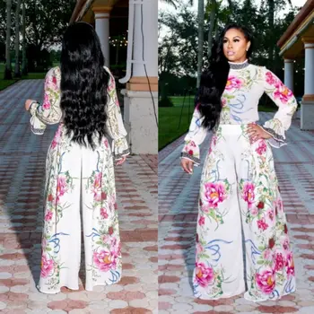 

elegant women 2 Piece Set floral Print round neck flare sleeve Top + wide leg pants Outfits fashion streetwear festival clothing