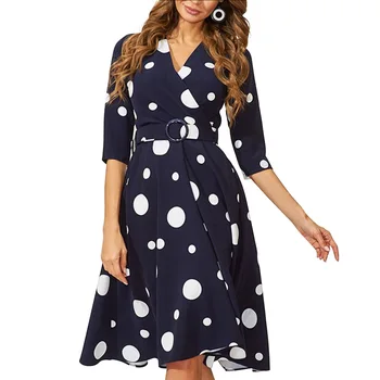 

Women's Irregular Polka Dot Belt Mid-sleeve Banquet Season Fashion Dresses 2020 Women Loose Dress