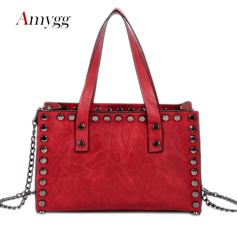 

AMYGG 2019 Retro PU Women Handbags Rivet Decor Leather Messenger Bag Portable Casual Tote Chain Shoulder Strap Crossbody Bag