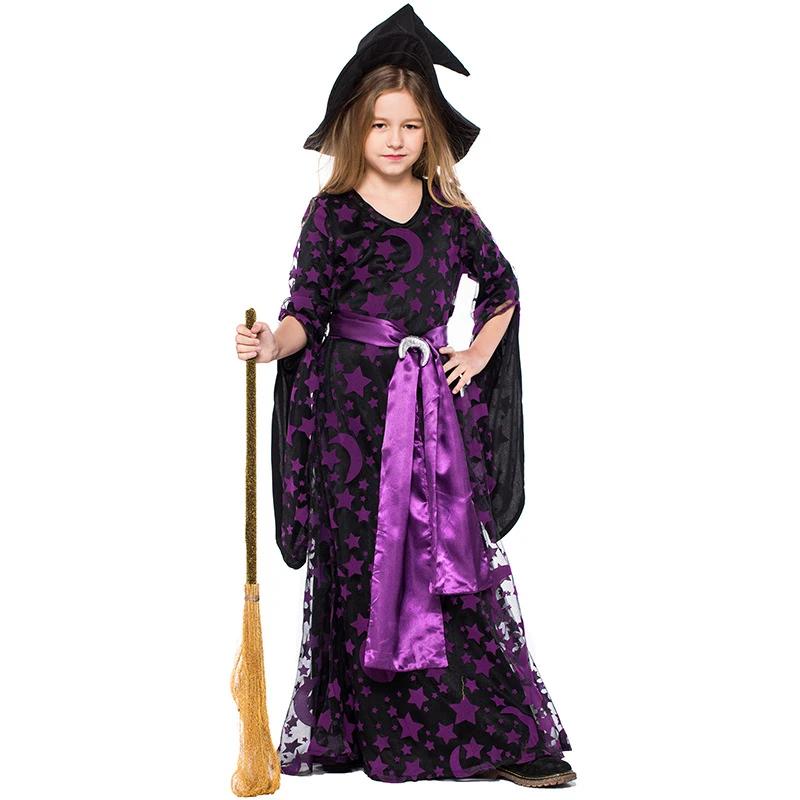 Ninas Halloween Bruja Cosplay Disfraz Purpura Estrella Luna Impreso Bruja Vestido Lindo Hermoso Vestidos Para Ninas Solo Traje Disfraces Para Ninas Aliexpress