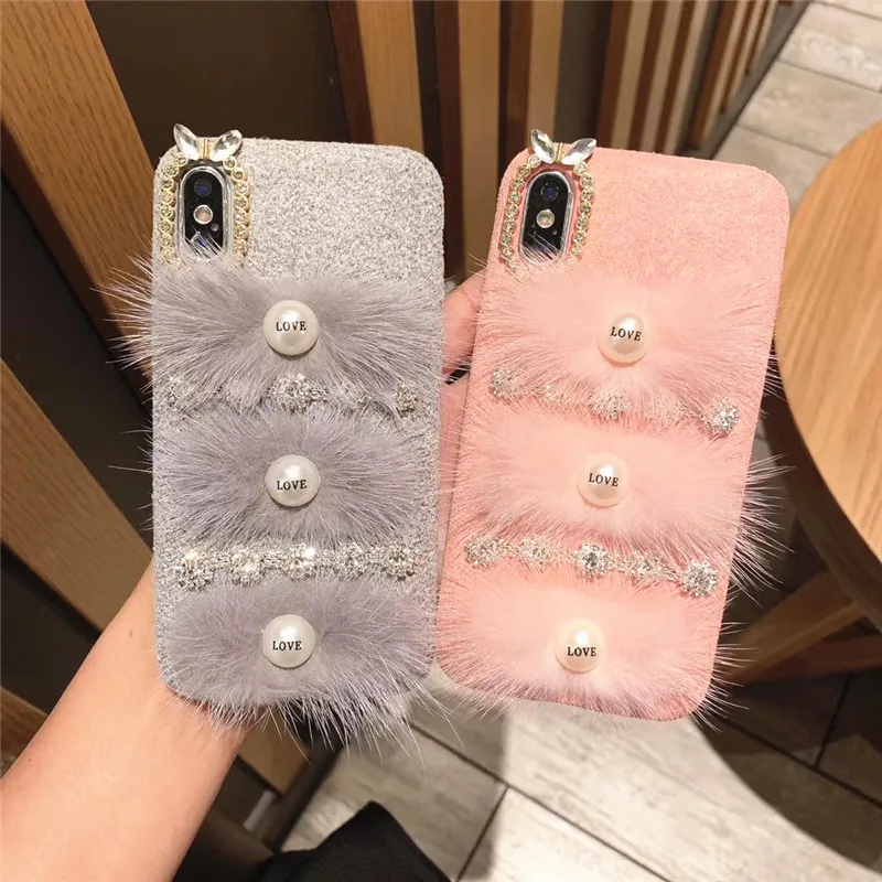 

case for iPhone 11 XR 7 8 11 Pro Max X XS Max Plus 6 6s tiny mink hair rhinestone pearl cover