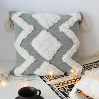 

Cushion Cover Sofa Cover Morocco Geometric Black and White Tufted Tassel Pillowcase Christmas Pillow Case For Home Decoration