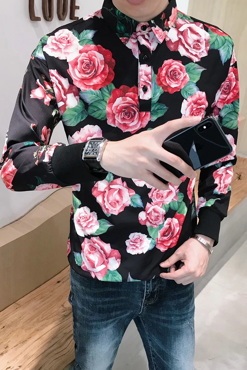 Летний цветочный пуловер с рисунком рубашка мужская с длинным рукавом ...