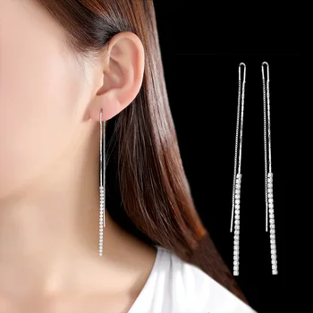 

925 Sterling Silver Chain Earring 9.8cm Long Crystal Earring For Women Korea Silver Jewelry New 2020 kolczyki