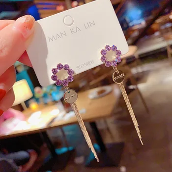 

2020 New Arrival Vintage Crystal Purple Circle Long Tassel Dangle Earrings For Women Fashion Metal Jewelry Oorbellen Gift