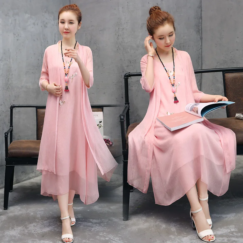 

Embroidered Cotton Linen Dress Two-Piece Women's Summer 2019 New Style Ethnic-Style Flax Set Literature And Art Large Size Mediu