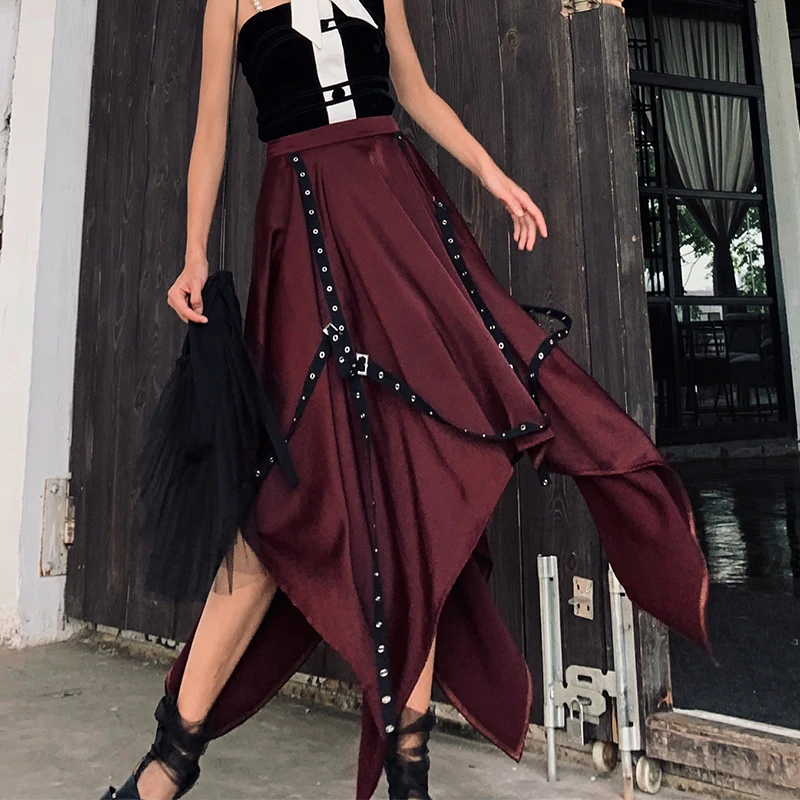 LANMREM Solid Color Stitching Ring Webbing High Waist Irregular Woman Skirt Wild Casual Fashion 2020 Autumn New TV351 | Женская одежда