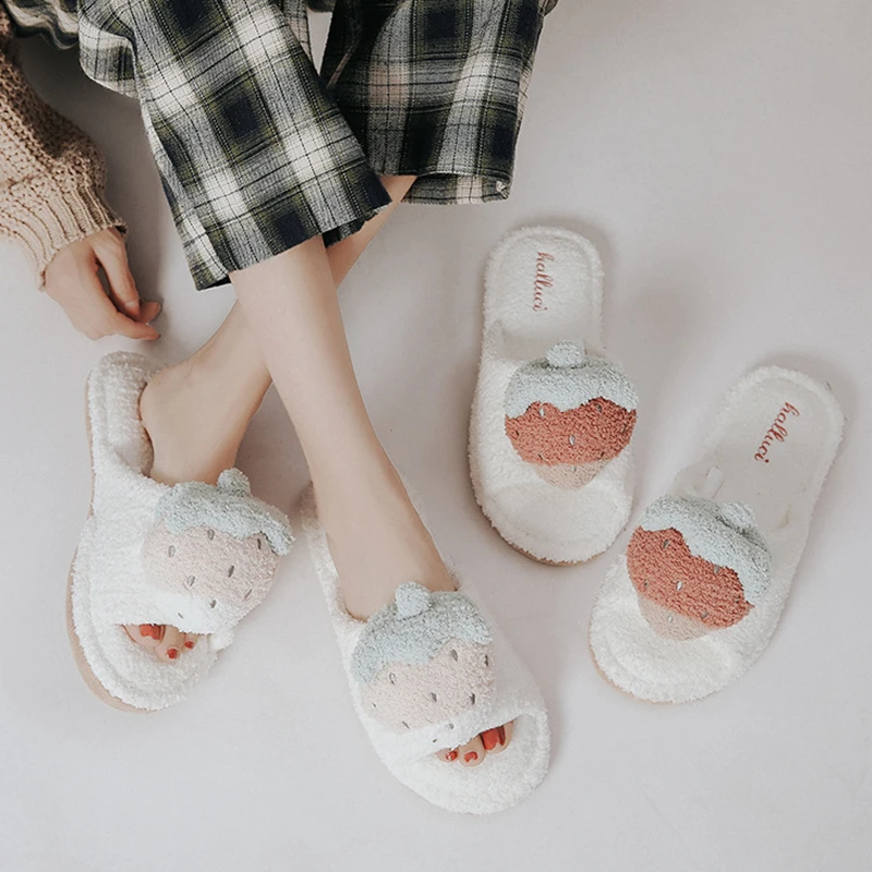 

House Sweet Strawberry Designer Women Slippers Cartoon Fruit Home Bedroom Ladies Flats Shoes Women Velvet Slides