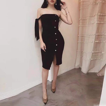 

Babatique Dresses Summer New White One Shoulder Dress Button Black Elegant Dress Celebrity Evening Party Dress Vestidos De Festa