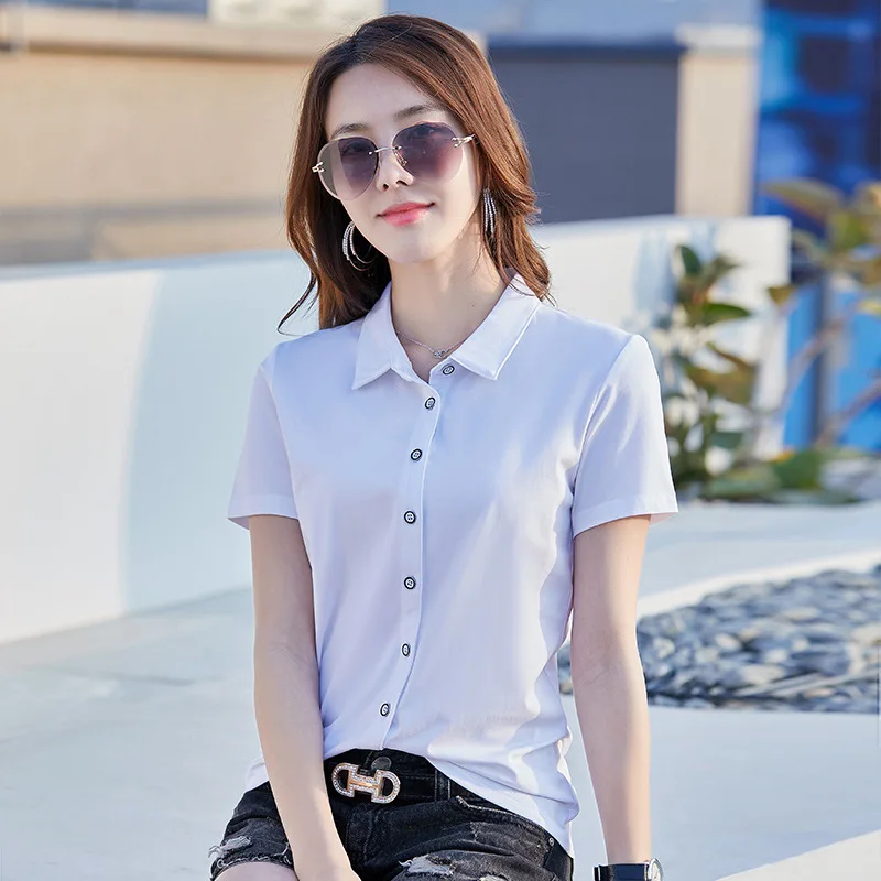 

Женская рубашка с отложным воротником, черная или белая Повседневная хлопковая футболка с коротким рукавом