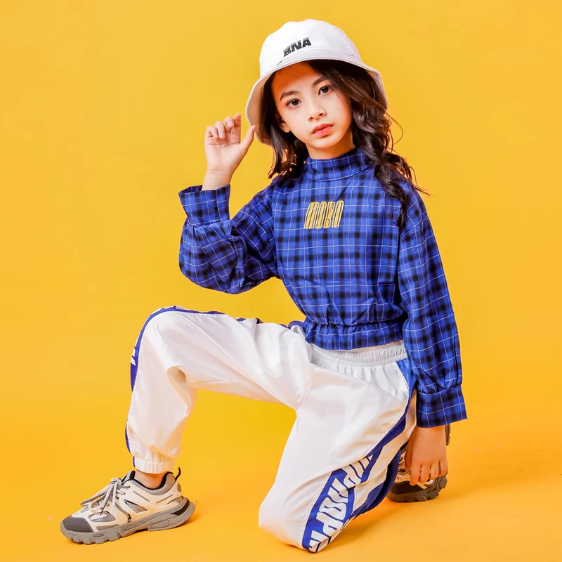 Blue Girls Boys Hip Hop Hoodies Dance Clothes for Kids Jazz Dancing Costumes SweaterShirt Ballroom Crop Tops Plaid Jogger Pants (11)
