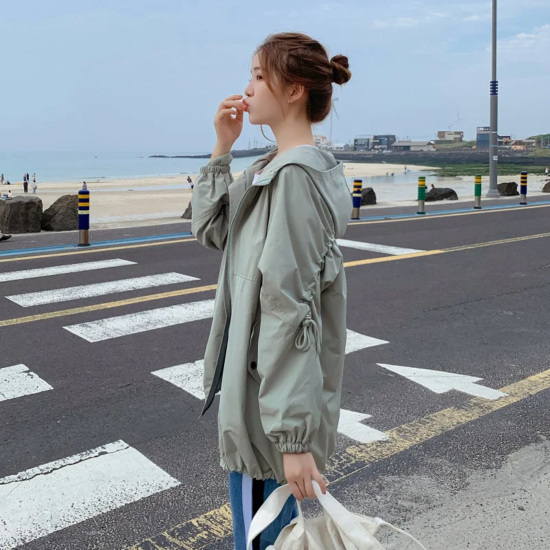 

Photo Shoot Spring And Autumn New Style Workwear Whims Casual Versatile Trench Coat Women's Hooded Small Gather-Waist Sense of D