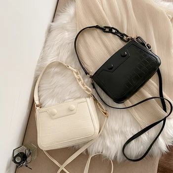 

Fashion Stone Pattern Chain Shoulder Messenger Bag Small Women PU Leather Solid Color Bucket Commuter Totes