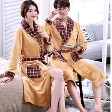 Желтая клетчатая одежда для влюбленных, кимоно, платье, зимняя плотная теплая фланелевая одежда для сна, Женская Повседневная Домашняя одежда из кораллового флиса