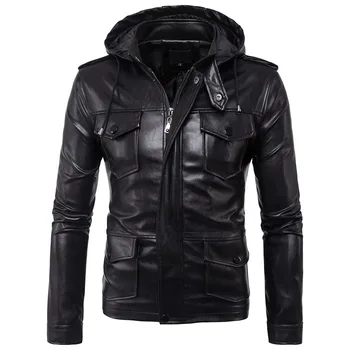 

2020 New Faux Leather Jacket Mens Jackets Coats Hooded Motorcycle PU Coat Biker Streetwear Zipper Pockets Male US Size Fashion