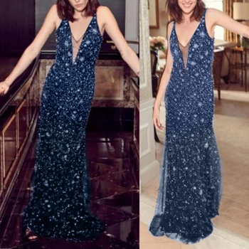 

Women Sleeveless Dress Cocktail Party Dresses Sexy V-Neck Dresses Solid Color Dress Sequined Dress New Fashion Shiny Dress D30