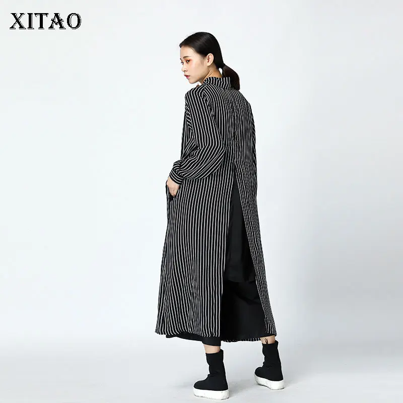 

[XITAO] New Women Autumn 2018 Korea Fashion Turn-down Collar Full Sleeve Dress Female Striped Split Irregular Dress GWY1940