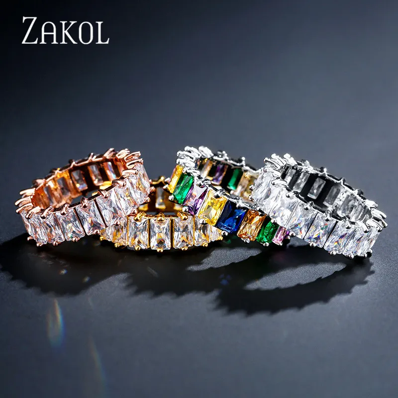 ZAKOL Fashion Mutilcolor AAA Baguette Cubic Zirconia Wedding Finger Rings for Women Luxury T Shape Stone Party Jewelry FSRP2119
