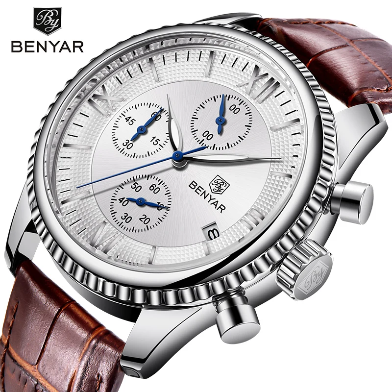 

Men's watches top luxury brand BENYAR fashion leather mens wristwatches waterproof sport chronograph watch men Relogio Masculino