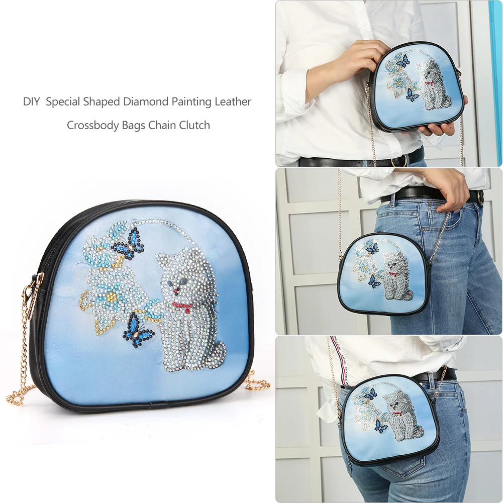 5D Diamond Painting Beautiful Flower Cute Cat Leather Crossbody Chain Bags DIY Diamond Embroidery Bag Purse Pouch