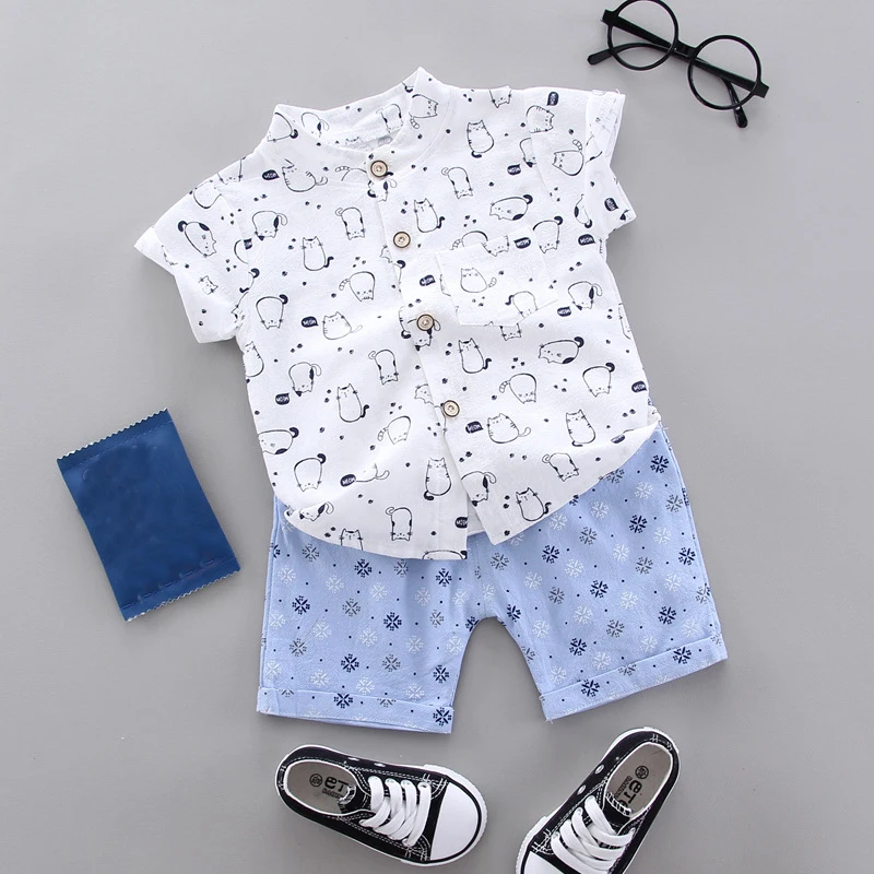 

Toddler Boy Clothing Baby Children Summer Set Cute Cat Printed Shirt + Shorts Child Costume 1 2 3 4 Years Kids Clothes White